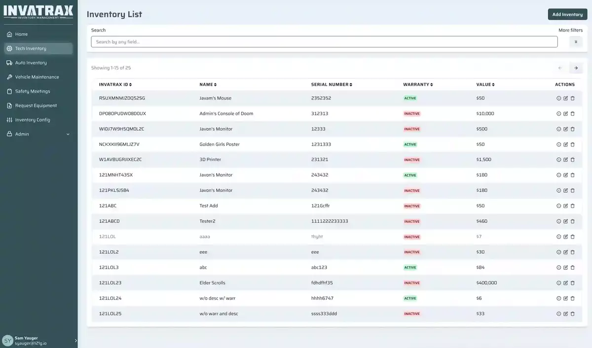 Second section inventory management screen